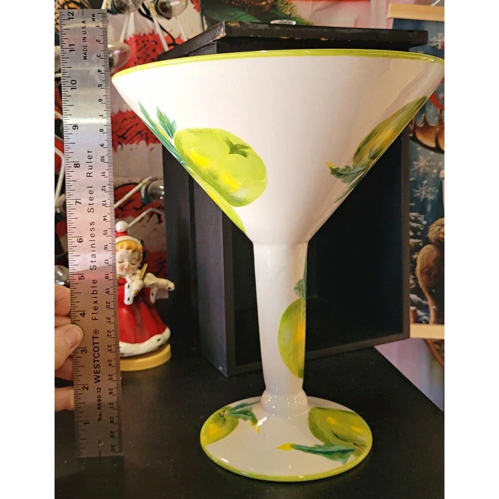 Unique Baum Bros Style-Eyes Hand Painted Large Martini Glass Apple Motif
